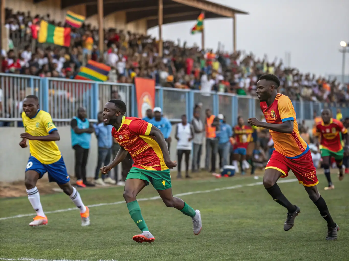 A vibrant photo of community members participating in a local soccer match at Stade Lucien Merignac, showcasing teamwork and community spirit.