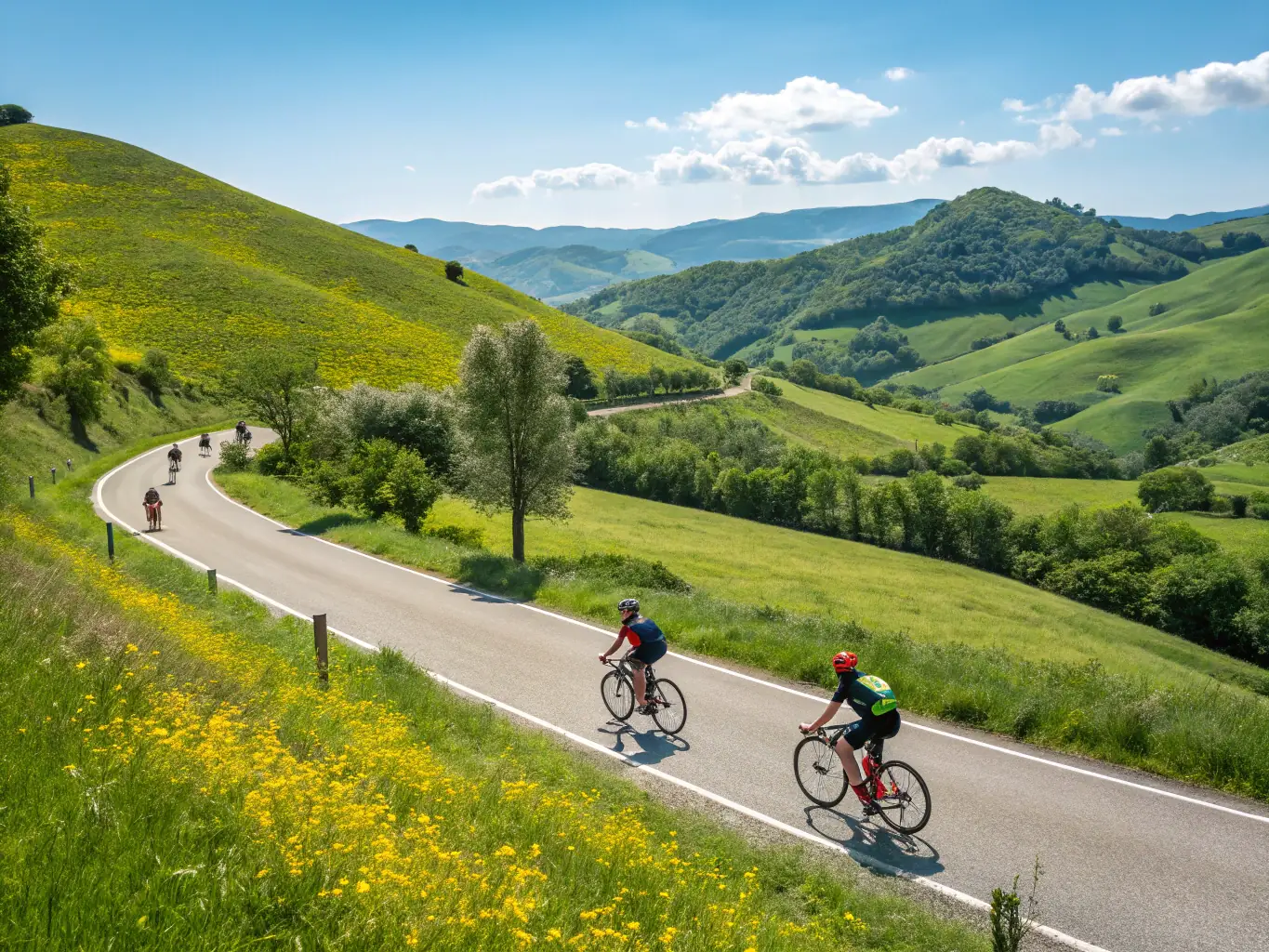 A scenic image of people enjoying a leisurely bike ride organized by CLUB SPORTIF LIONNAIS, highlighting community engagement.