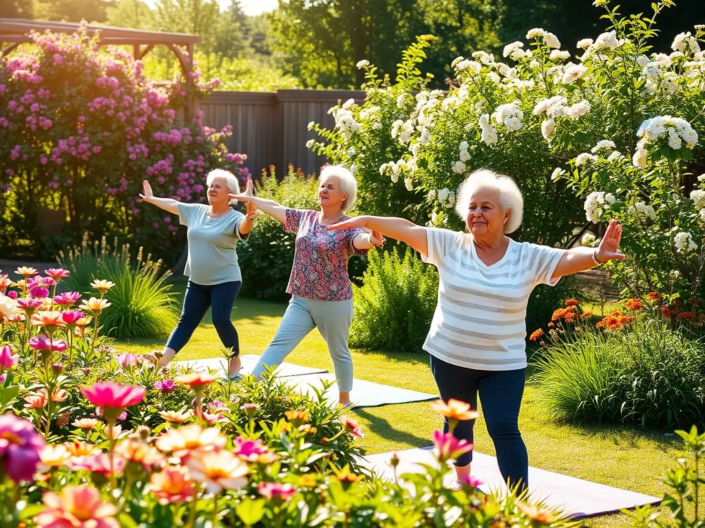 An image of a group of seniors participating in a gentle exercise class in a park, promoting active aging and social interaction.