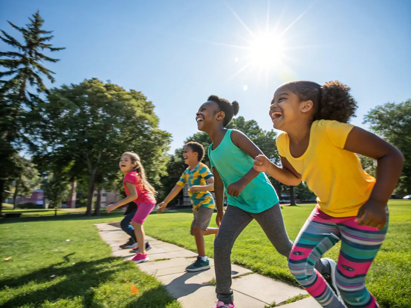 A photo of children laughing and playing during a summer sports camp, emphasizing fun, learning, and physical activity.