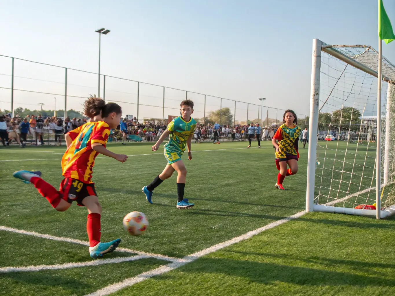 An action shot of children playing soccer during a CLUB SPORTIF LIONNAIS youth program, showcasing teamwork and fun.