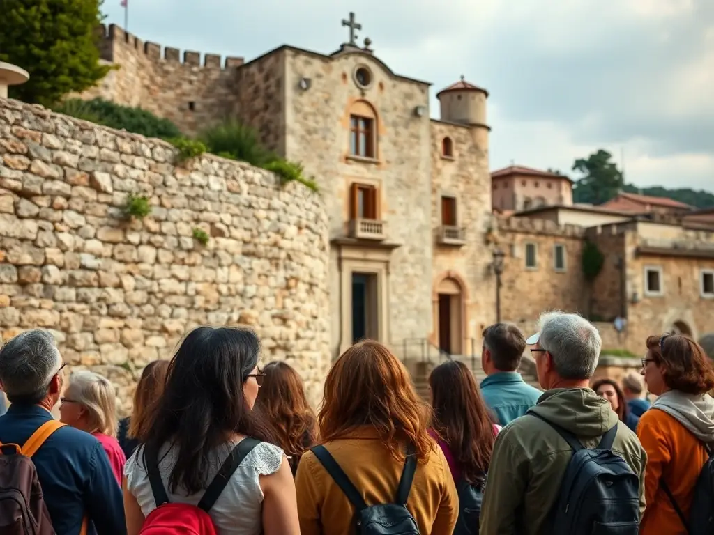 A group of people participating in a guided tour of a historical site in Coulaures, led by a knowledgeable guide.