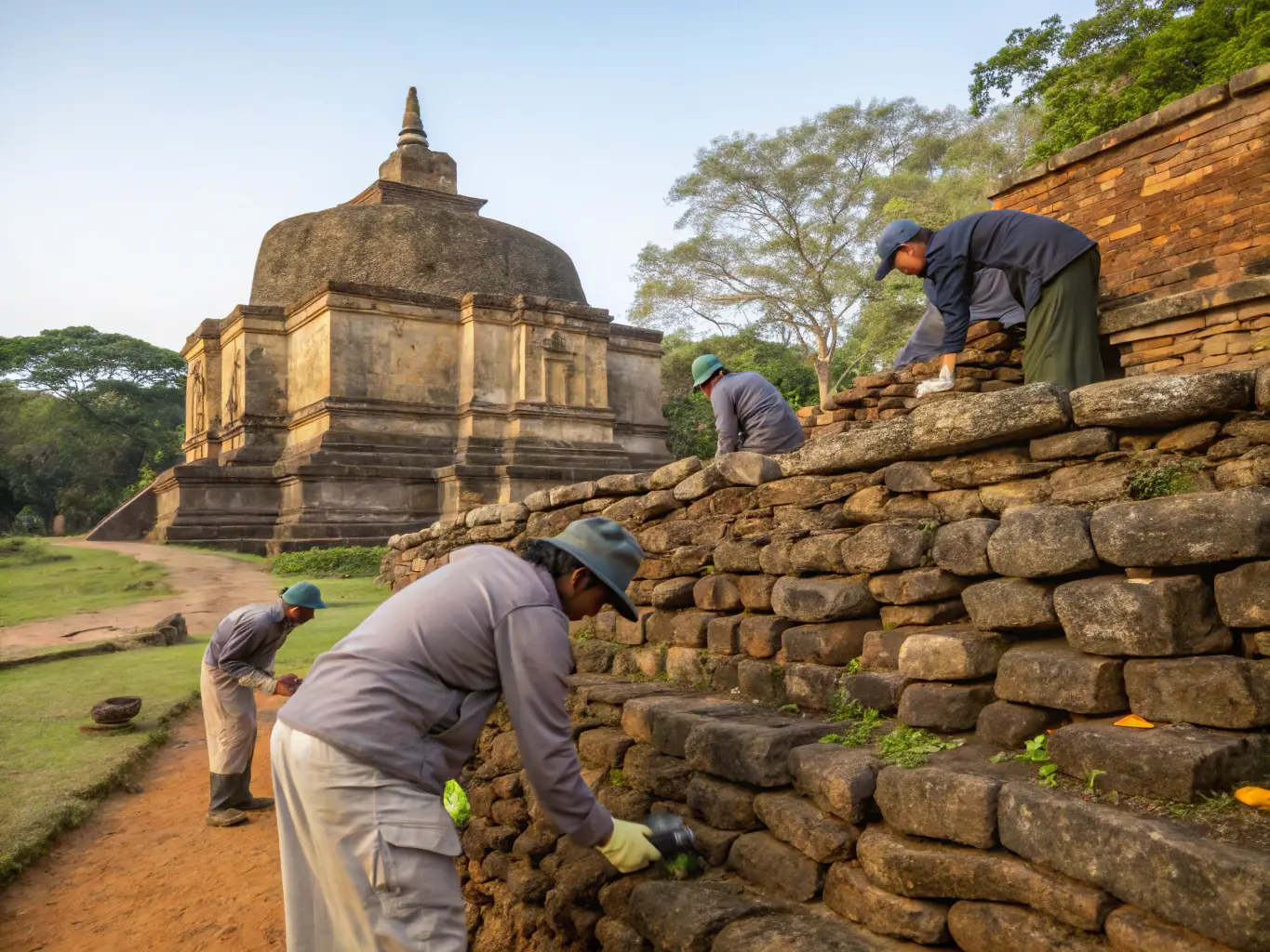 A high-quality photo showcasing volunteers restoring a historic stone wall in Coulaures, with lush greenery in the background and sunlight highlighting the texture of the stone.