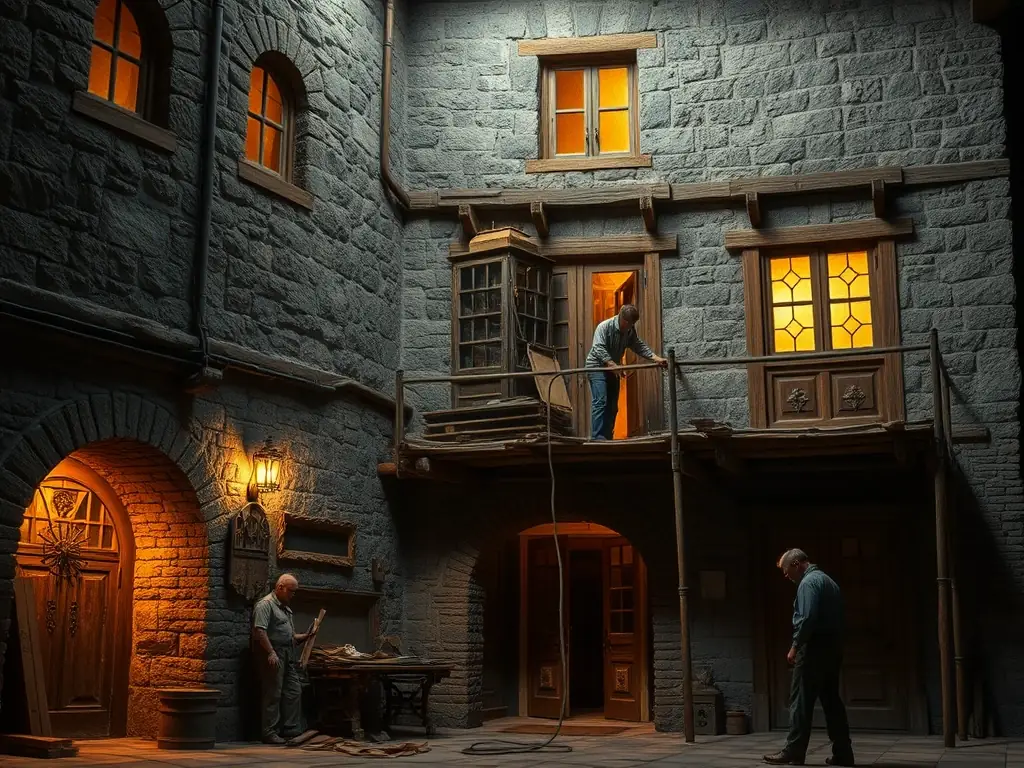 A photo of volunteers working on restoring a historic building in Coulaures, with tools and preservation materials visible.