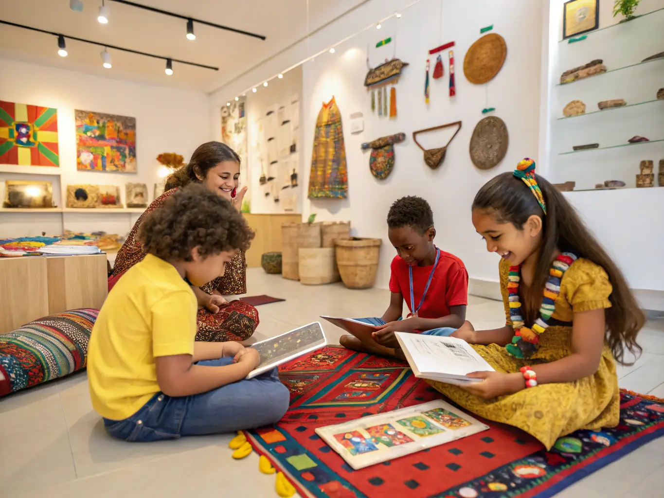A vibrant photo of a group of children participating in a heritage education workshop at a local historical site, with interactive displays and enthusiastic instructors.