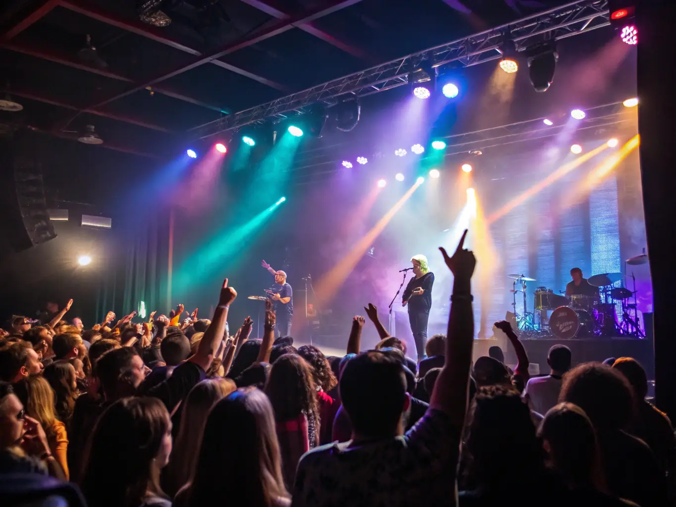 A dynamic image of a live concert with a band performing on stage, colorful lighting, and an enthusiastic crowd, representing the energy and excitement of FETES ET ANIMATIONS BOZASIENNES's music events.