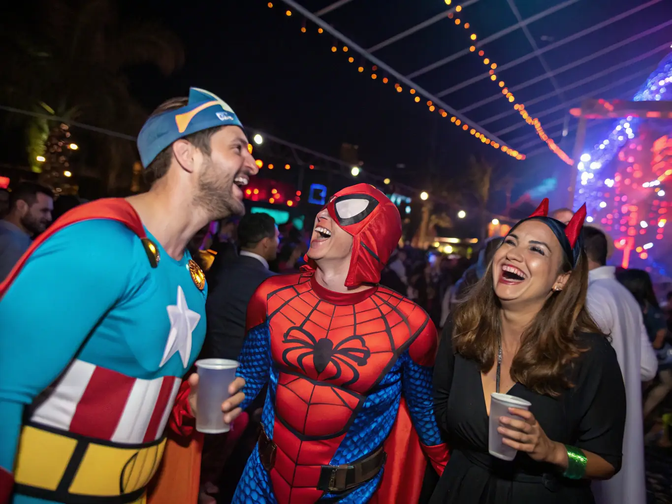 A festive image of a themed evening event with people dressed in costumes, decorations matching the theme, and a lively atmosphere, highlighting the creativity and entertainment of FETES ET ANIMATIONS BOZASIENNES's themed events.