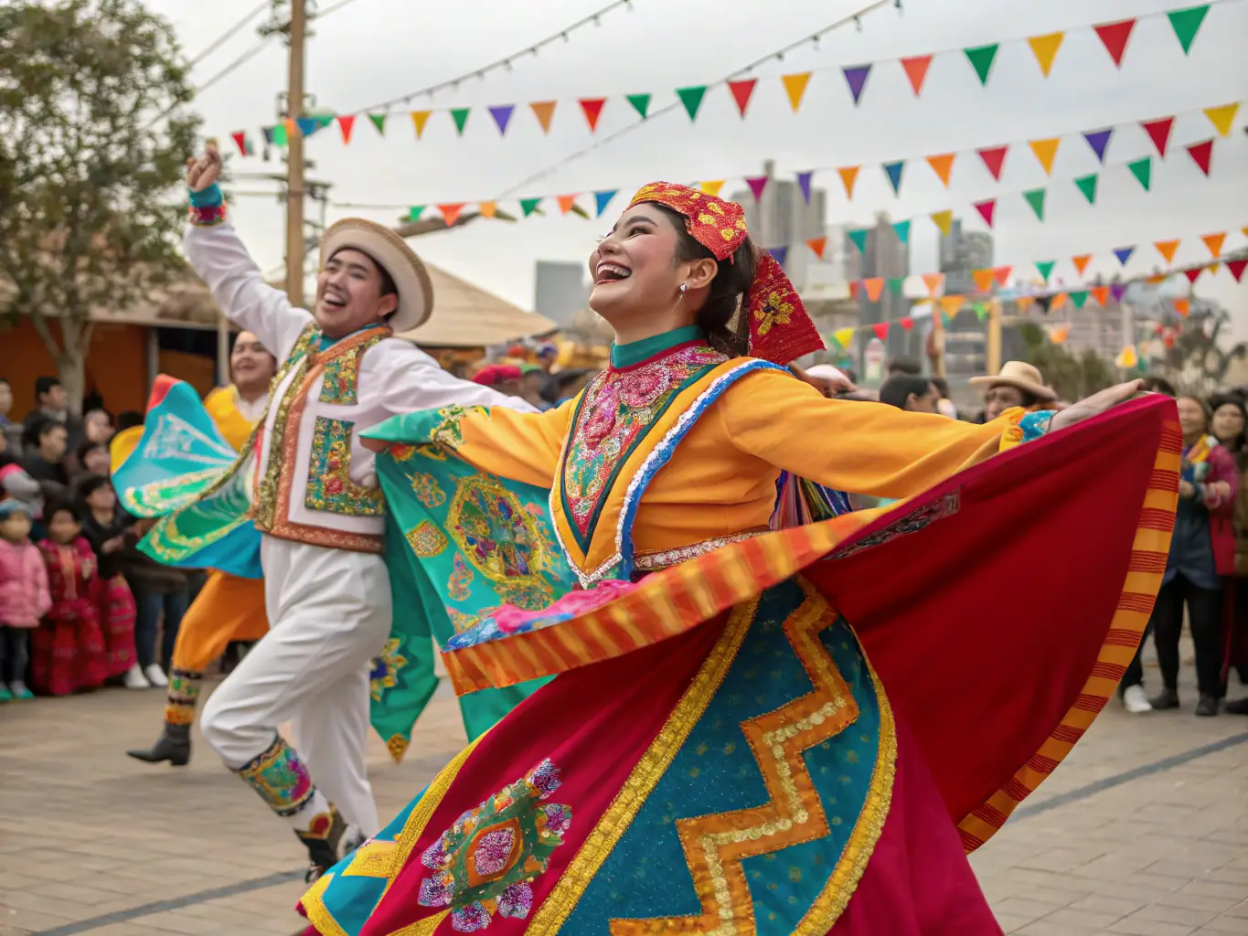 A joyful image of a community dance festival with people of all ages dancing together in traditional attire, showcasing the cultural richness and inclusivity of FETES ET ANIMATIONS BOZASIENNES's events.