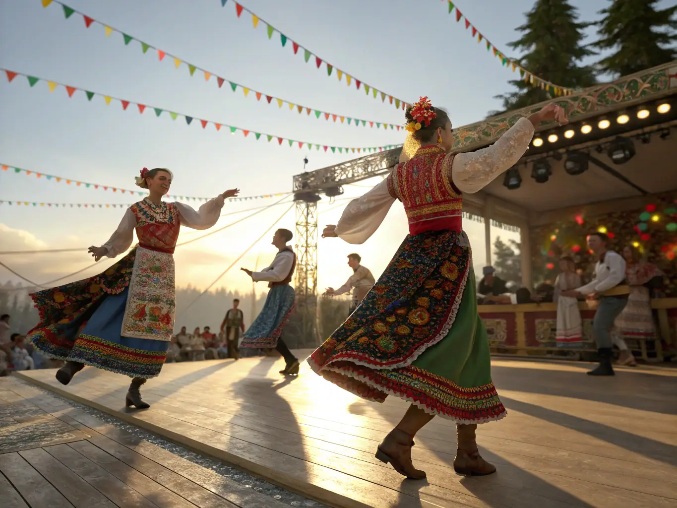 A dynamic image of a dance festival, with people of all ages participating in traditional dances, highlighting the cultural richness and community spirit.